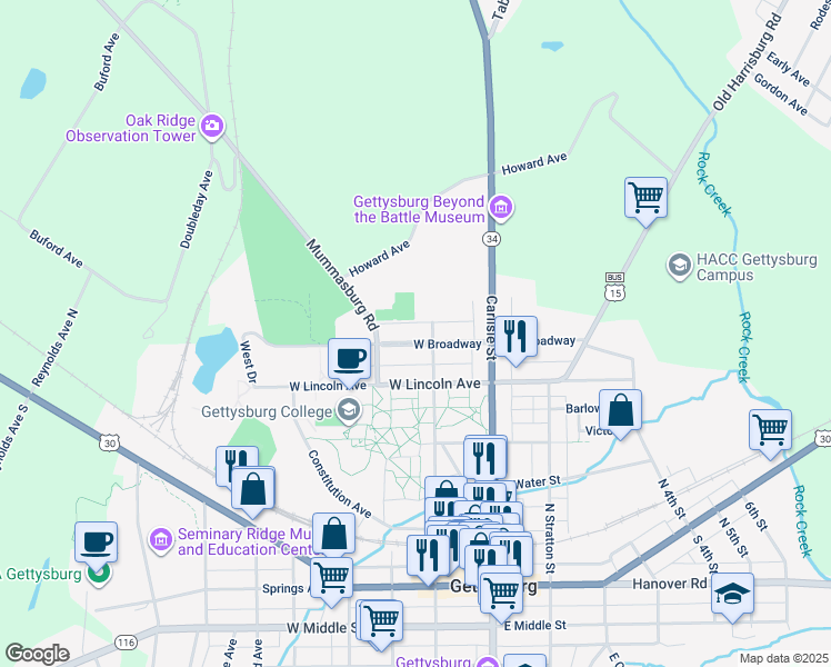 map of restaurants, bars, coffee shops, grocery stores, and more near 113 West Broadway in Gettysburg