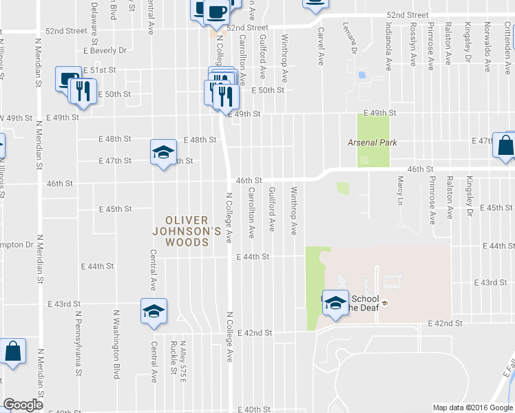 map of restaurants, bars, coffee shops, grocery stores, and more near 4525 Carrollton Avenue in Indianapolis