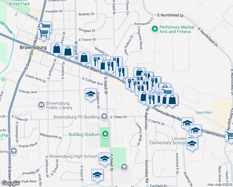 map of restaurants, bars, coffee shops, grocery stores, and more near 33 Ashwood Circle in Brownsburg