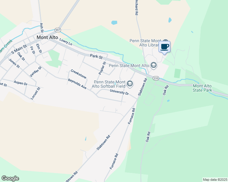 map of restaurants, bars, coffee shops, grocery stores, and more near 218 University Drive in Mont Alto