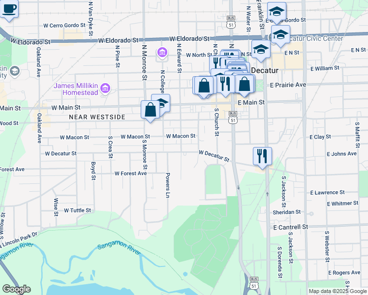 map of restaurants, bars, coffee shops, grocery stores, and more near 363 South Edward Street in Decatur