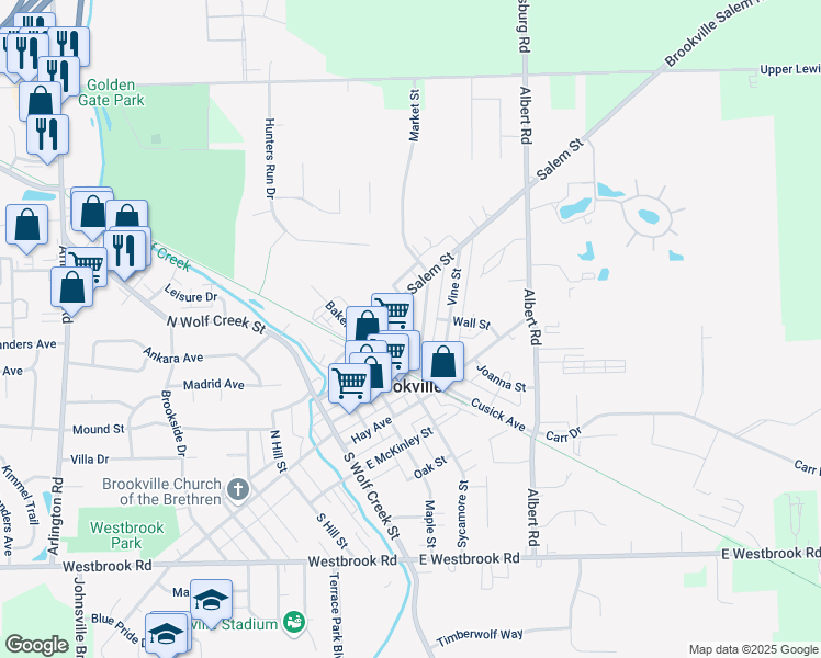 map of restaurants, bars, coffee shops, grocery stores, and more near 511 Market St in Brookville