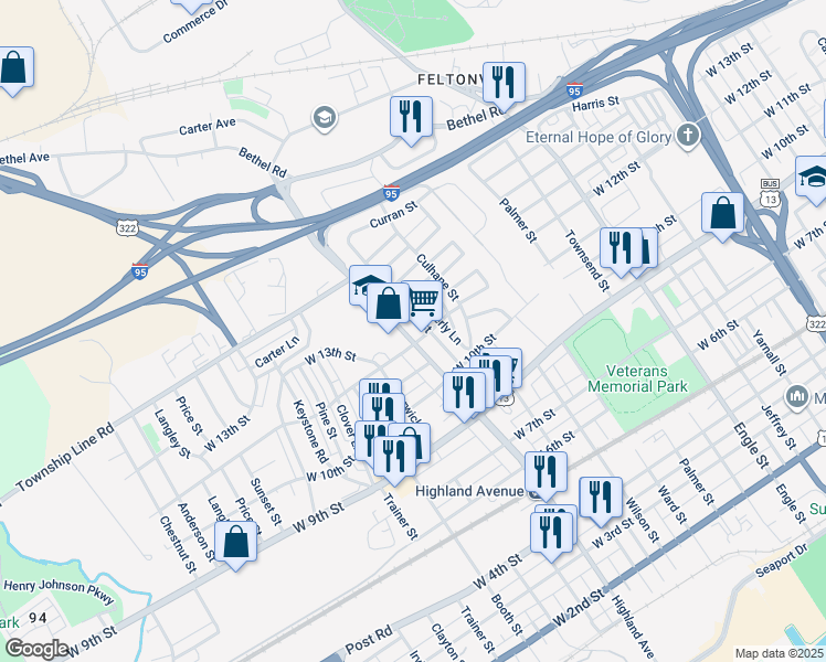 map of restaurants, bars, coffee shops, grocery stores, and more near 1205 Highland Avenue in Chester