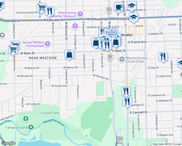 map of restaurants, bars, coffee shops, grocery stores, and more near 301-399 S Union St in Decatur