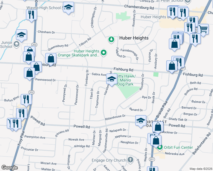 map of restaurants, bars, coffee shops, grocery stores, and more near 5841 Harshmanville Road in Dayton