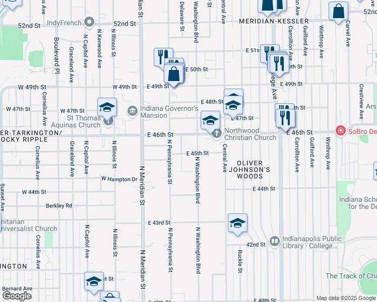 map of restaurants, bars, coffee shops, grocery stores, and more near 4506 North Washington Boulevard in Indianapolis