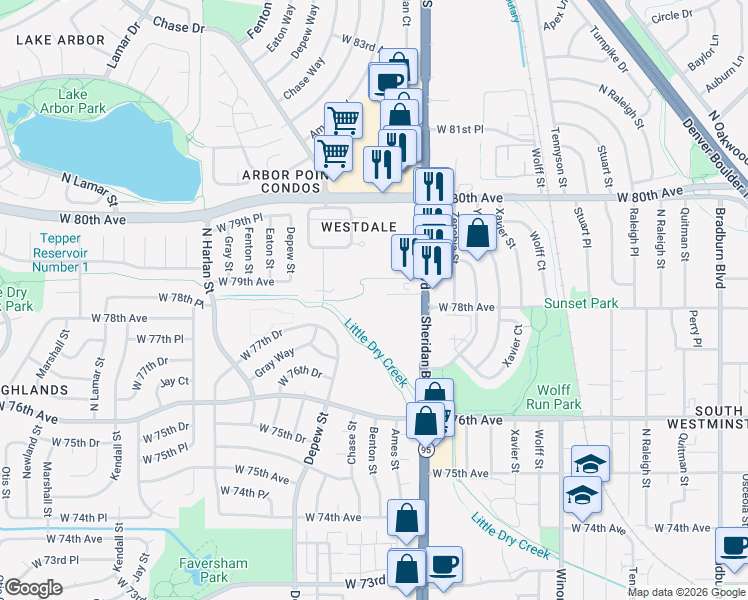map of restaurants, bars, coffee shops, grocery stores, and more near 5360 West 78th Place in Westminster