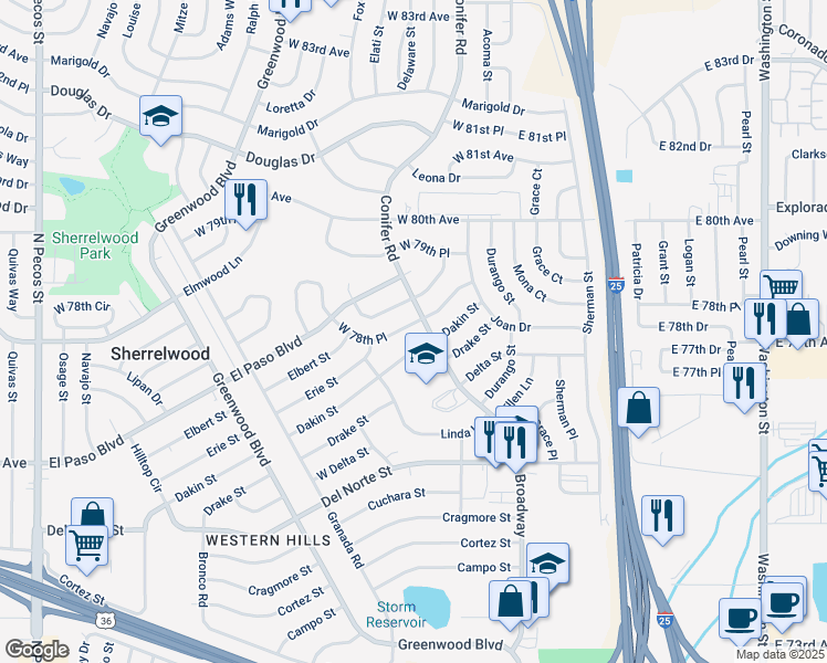 map of restaurants, bars, coffee shops, grocery stores, and more near in Sherrelwood