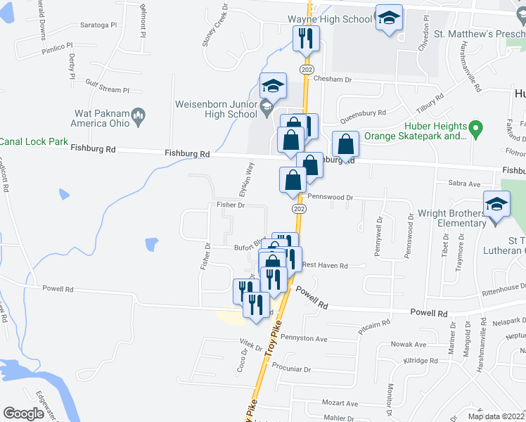 map of restaurants, bars, coffee shops, grocery stores, and more near 4599 Bufort Boulevard in Huber Heights