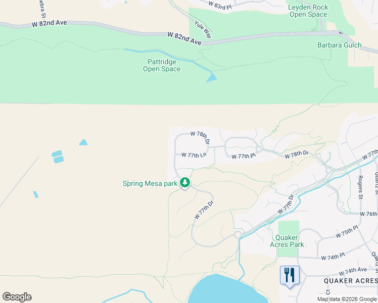 map of restaurants, bars, coffee shops, grocery stores, and more near 17893 West 77th Lane in Arvada