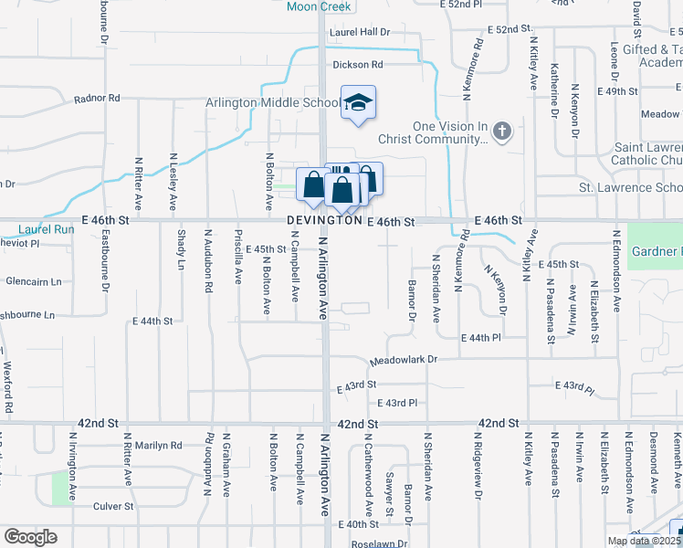 map of restaurants, bars, coffee shops, grocery stores, and more near 6006 Cape Charles Drive in Indianapolis