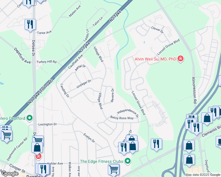 map of restaurants, bars, coffee shops, grocery stores, and more near 116 Revere Drive in Deptford