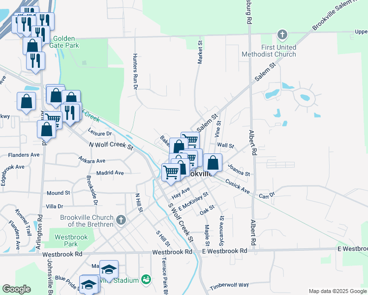 map of restaurants, bars, coffee shops, grocery stores, and more near 434 Salem Street in Brookville