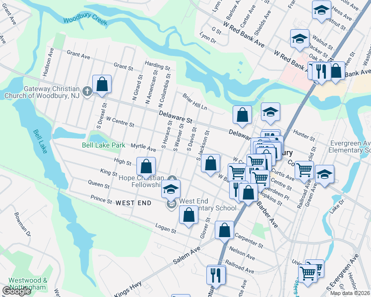 map of restaurants, bars, coffee shops, grocery stores, and more near 116 South Davis Street in Woodbury