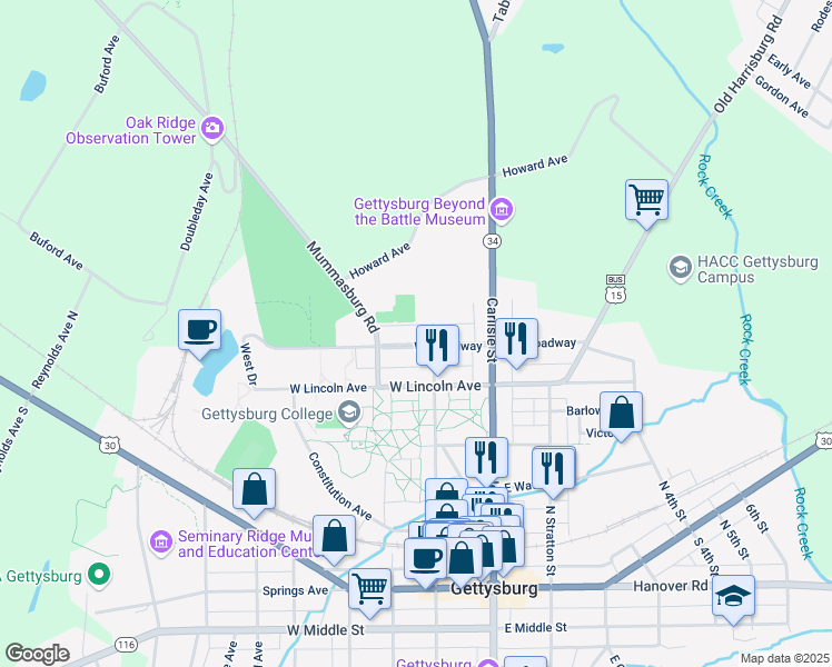 map of restaurants, bars, coffee shops, grocery stores, and more near 113 West Broadway in Gettysburg