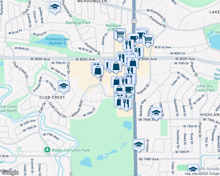 map of restaurants, bars, coffee shops, grocery stores, and more near 7720 Allison Street in Arvada