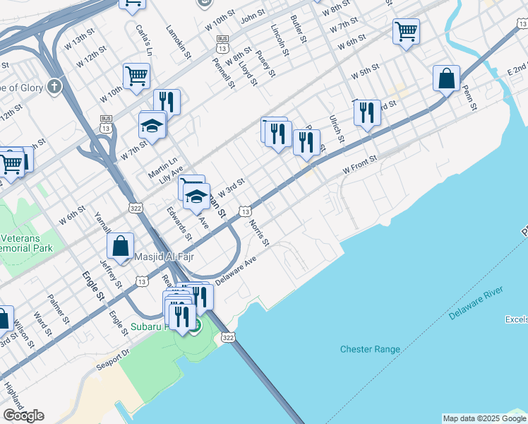 map of restaurants, bars, coffee shops, grocery stores, and more near 109 Broomall Street in Chester