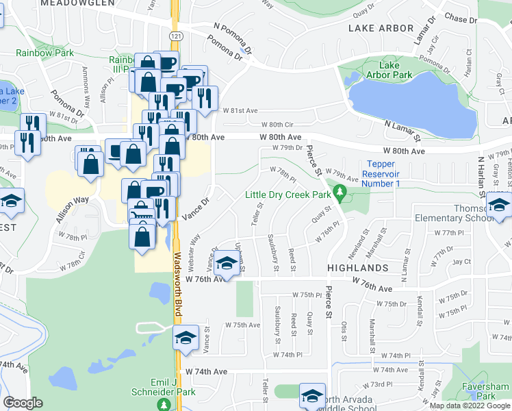 map of restaurants, bars, coffee shops, grocery stores, and more near 7761 Teller Street in Arvada