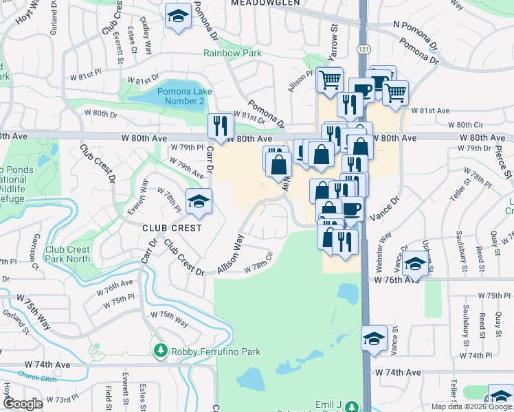 map of restaurants, bars, coffee shops, grocery stores, and more near 7865 Allison Way in Arvada