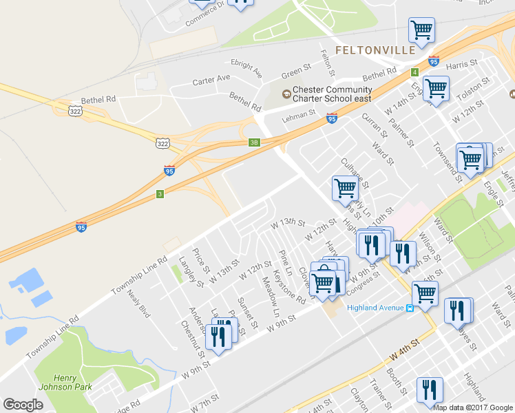 map of restaurants, bars, coffee shops, grocery stores, and more near 3317 Township Line Road in Chester