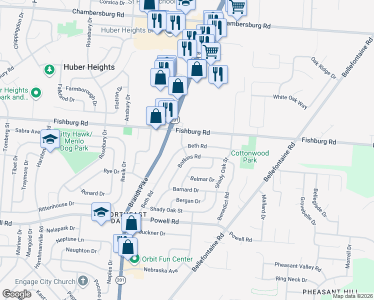 map of restaurants, bars, coffee shops, grocery stores, and more near 5781 Beth Road in Dayton