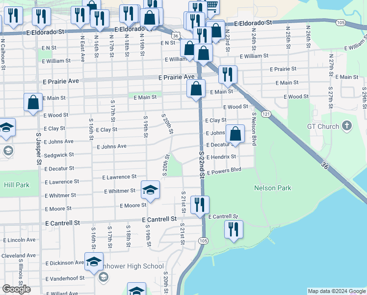 map of restaurants, bars, coffee shops, grocery stores, and more near 2102 East Decatur Street in Decatur