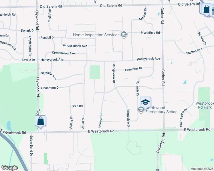 map of restaurants, bars, coffee shops, grocery stores, and more near 6426 Freeport Drive in Dayton