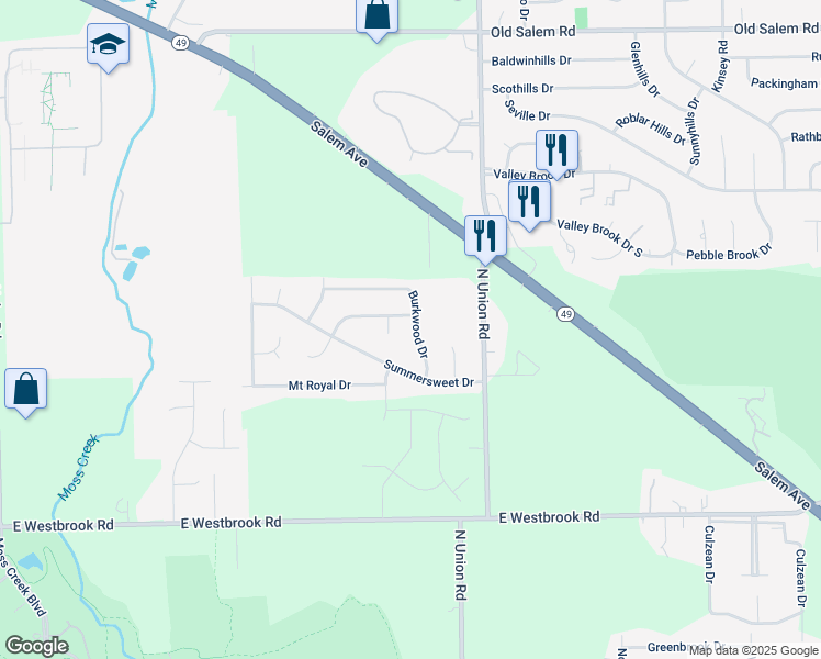 map of restaurants, bars, coffee shops, grocery stores, and more near 6371 Burkwood Drive in Clayton