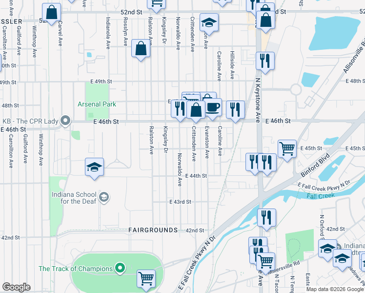 map of restaurants, bars, coffee shops, grocery stores, and more near 4501 Norwaldo Avenue in Indianapolis