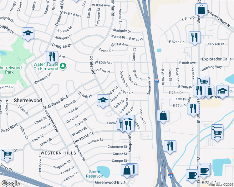 map of restaurants, bars, coffee shops, grocery stores, and more near 180 Dakin Street in Denver