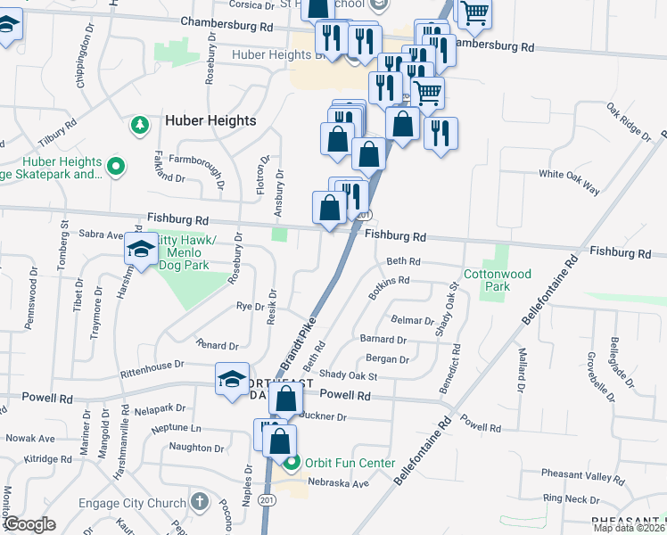 map of restaurants, bars, coffee shops, grocery stores, and more near 5871 Brandt Pike in Dayton