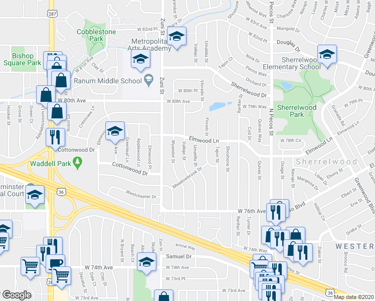 map of restaurants, bars, coffee shops, grocery stores, and more near 7826 Vallejo Street in Denver
