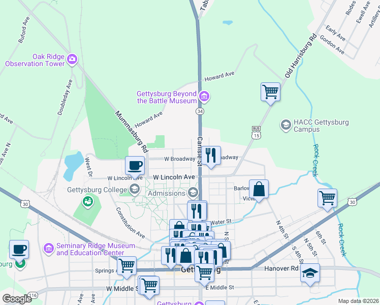 map of restaurants, bars, coffee shops, grocery stores, and more near 29 W Broadway in Gettysburg