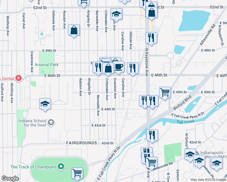 map of restaurants, bars, coffee shops, grocery stores, and more near 4502 Evanston Avenue in Indianapolis