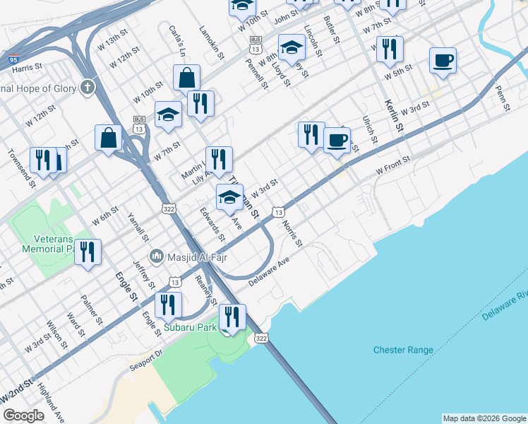 map of restaurants, bars, coffee shops, grocery stores, and more near 219 Tilghman Street in Chester