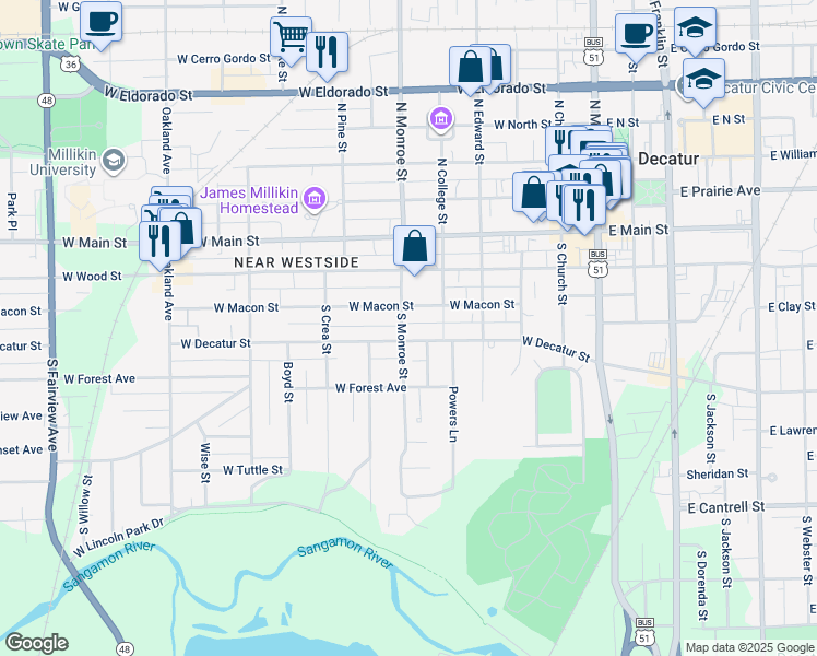 map of restaurants, bars, coffee shops, grocery stores, and more near 340 South Monroe Street in Decatur