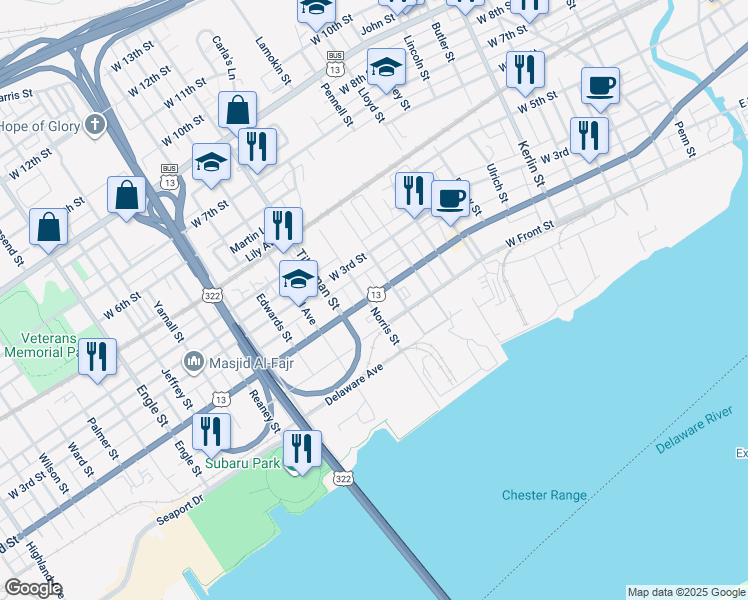 map of restaurants, bars, coffee shops, grocery stores, and more near 1401 West 2nd Street in Chester