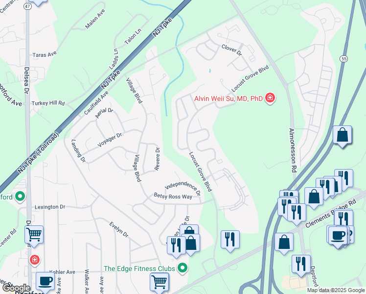 map of restaurants, bars, coffee shops, grocery stores, and more near 107 Rittenhouse Drive in Deptford