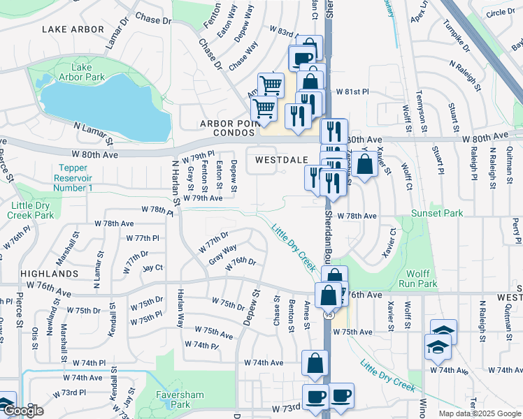 map of restaurants, bars, coffee shops, grocery stores, and more near 7904 Chase Circle in Arvada