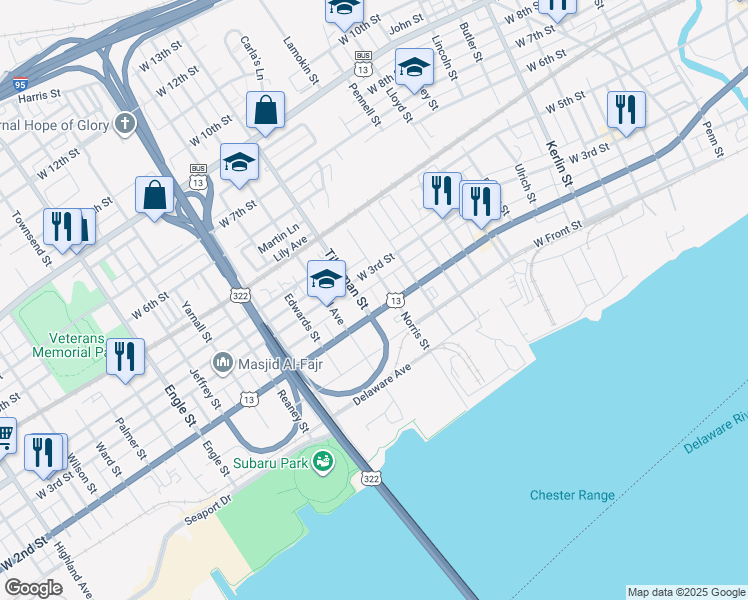 map of restaurants, bars, coffee shops, grocery stores, and more near 219 Tilghman Street in Chester