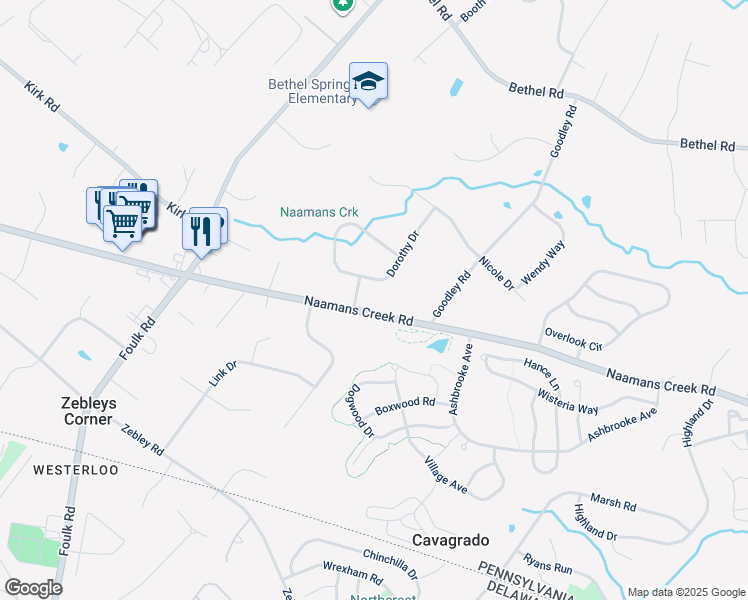 map of restaurants, bars, coffee shops, grocery stores, and more near 1512 Naamans Creek Road in Garnet Valley
