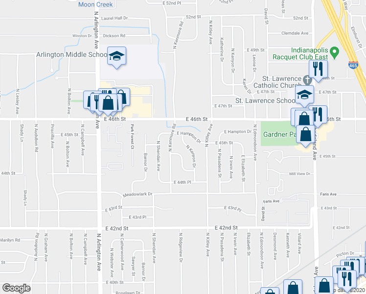 map of restaurants, bars, coffee shops, grocery stores, and more near 4462 North Kenyon Drive in Indianapolis