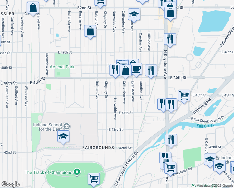 map of restaurants, bars, coffee shops, grocery stores, and more near 4501 Norwaldo Avenue in Indianapolis