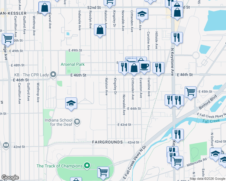 map of restaurants, bars, coffee shops, grocery stores, and more near 4501 Kingsley Drive in Indianapolis