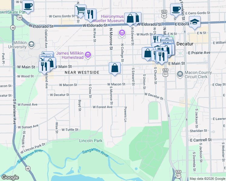 map of restaurants, bars, coffee shops, grocery stores, and more near 340 South Monroe Street in Decatur
