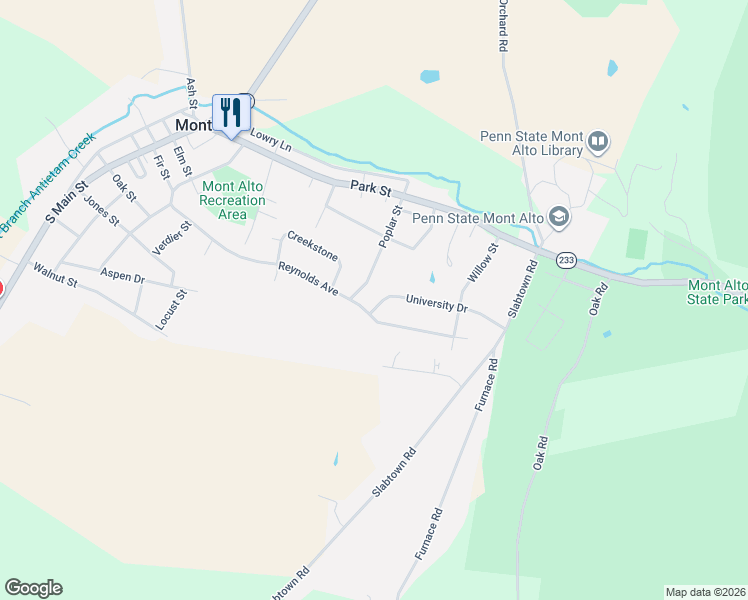 map of restaurants, bars, coffee shops, grocery stores, and more near 203 University Drive in Mont Alto