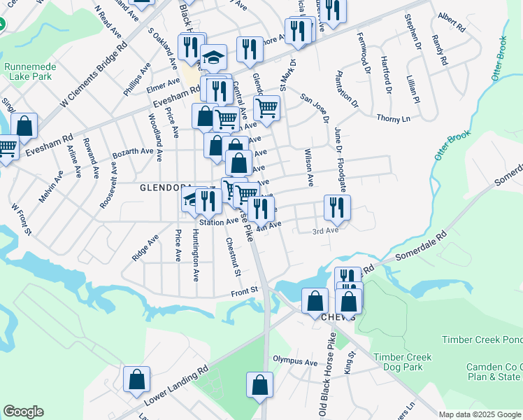 map of restaurants, bars, coffee shops, grocery stores, and more near 25 5th Avenue in Camden County