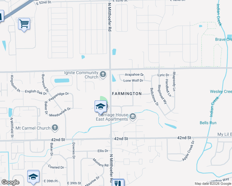 map of restaurants, bars, coffee shops, grocery stores, and more near 4442 Greenmeadow Circle in Indianapolis