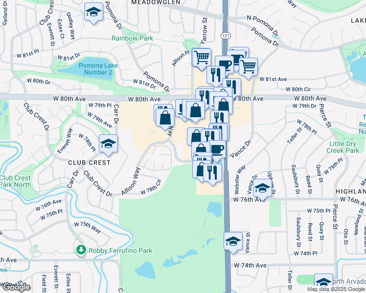 map of restaurants, bars, coffee shops, grocery stores, and more near 7720 Allison Street in Arvada