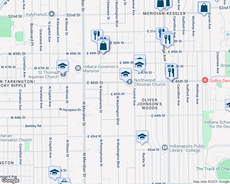 map of restaurants, bars, coffee shops, grocery stores, and more near 4506 North Washington Boulevard in Indianapolis